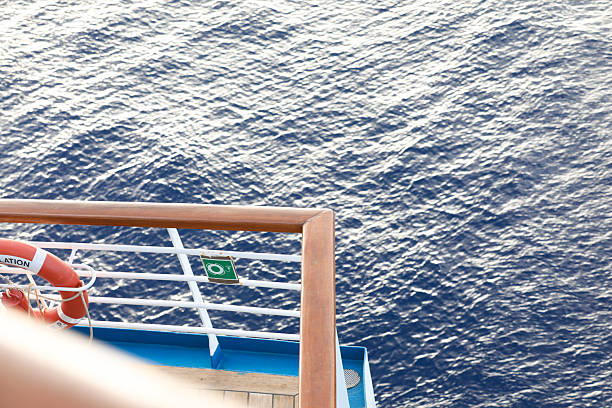 Railing of cruise ship with ocean view.