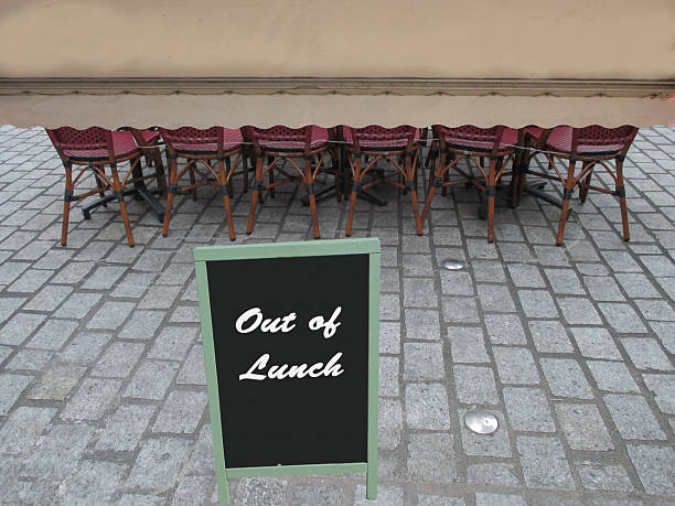 Restaurant  Out for lunch Information panel written in English