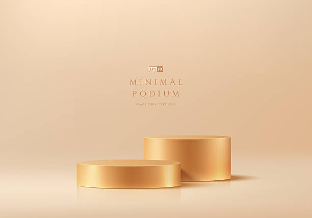 istock Golden round podium 3d background in empty room space in luxury style. Abstract geometric composition minimalist design. Studio display showroom product pedestal, Fashion stage showcases mockup scene. 2221282835