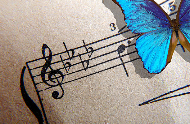 istock Morpho blue butterfly and notes. Butterfly melody. Old music sheet and butterfly 2221287438