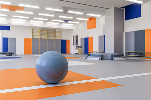 Modern school gym interiorwith sport ball in main focus. The sport room in the school or kindergarten. 3d render
