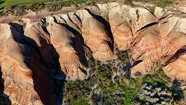 istock Maslin Beach, South Australia: Aerial Drone Views Capturing Sandstone Cliffs, Close-Up of Layered Rock Formations and Native Vegetation Along the Fleurieu Peninsula Scenic Coastline 2221306191