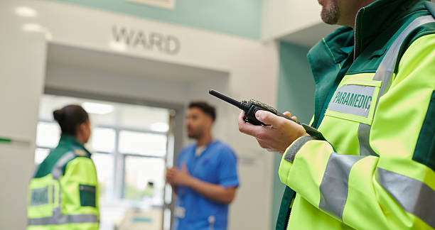 paramedics waiting at hospital stock photo
