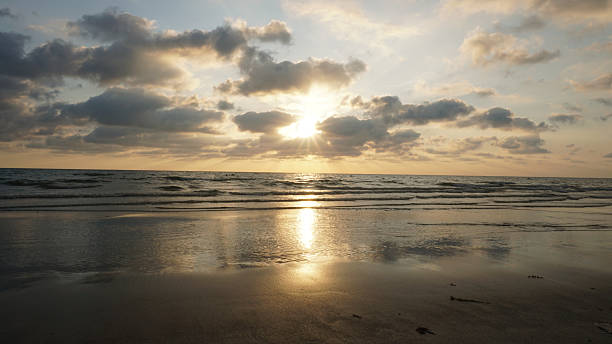 istock Golden sunset illuminating calm ocean waves on sandy beach 2221311325