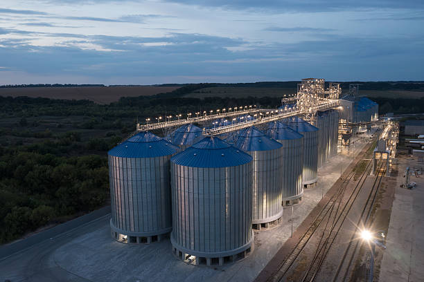 istock Illuminated Grain Silos and Modern Elevator Facility at Night with Railway Tracks, Agriculture Export 2221317915