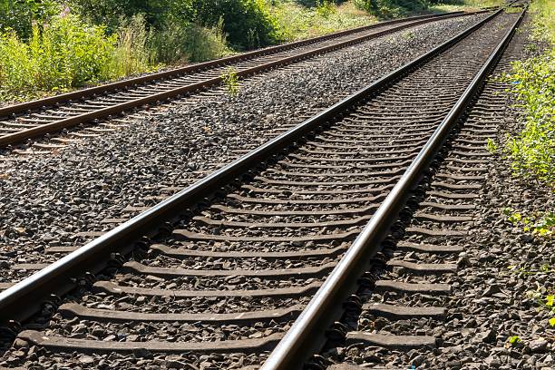 istock Parallel railroad tracks stretching into the distance on sunny day 2221323575