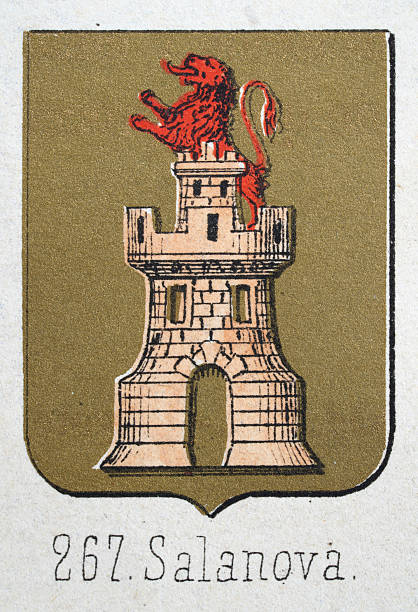 Medieval heraldry, Coat of arms, Shield with, Rampant, Red, Lion, Castle, Gold , Spanish, Vintage illustration
