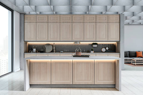 istock Modern stylish kitchen interior with wood cabinets, island counter and backlit lighting in contemporary home with city view window and decor accents. 3D Rendering 2221325075