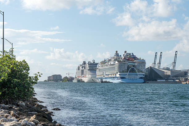 Miami, FL, USA - June 21, 2025: Cruise ships stopped at the Port of Miami, the busiest cruise/passenger port in the world, awaiting new tourists. Over 7.2 million cruise passengers pass through the port each year.