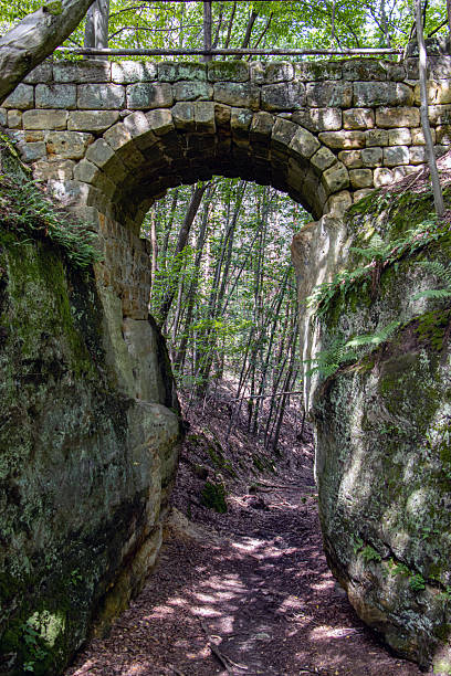 istock Old stone bridge over a rocky gap in the forest 2221332139