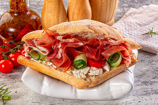 Sandwich with ciabatta, cheese and jamon