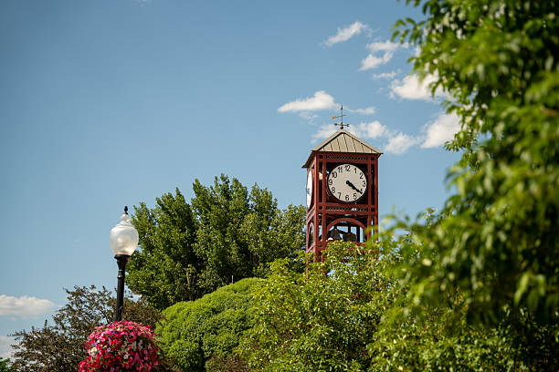 A red clock tower with a traditional design stands prominently among dense green trees and bushes in Gunnison, Utah. The tower features a square clock face showing the time and is topped with a small weather vane. Bright pink flowers bloom on a decorative planter near a street lamp in the foreground. The scene is set against a clear blue summer sky with a few white clouds. The selective focus emphasizes the tower while surrounding foliage creates a natural frame.