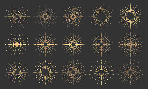 Vintage sunburst collection on a dark background. The radial rays of the setting sun. A sunbeam with lines. Retro logo in the form of a semicircle with radial rays. Vector EPS 10.