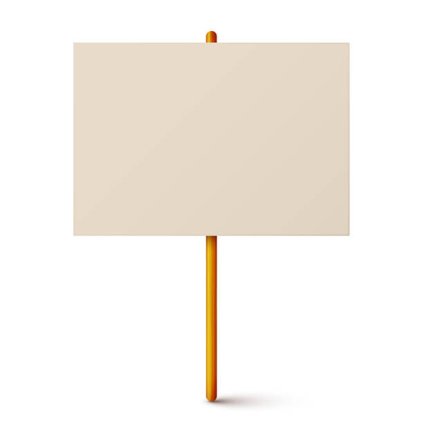 istock Blank colorful protest sign with wooden holder. Demonstration banner. Strike action cardboard placard mockup. Social advertisement. Vector illustration 2221377569