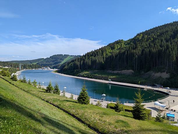 istock Beautiful lake among pine forest in the mountains 2221378109