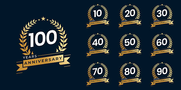 istock Set of vector icon or logo designs for 10th to 100th anniversary with laurel wreath, in gold color for celebrations, weddings and birthdays 2221383493