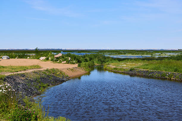 istock A serene landscape with vast water bodies and lush greenery under a clear blue sky 2221396616
