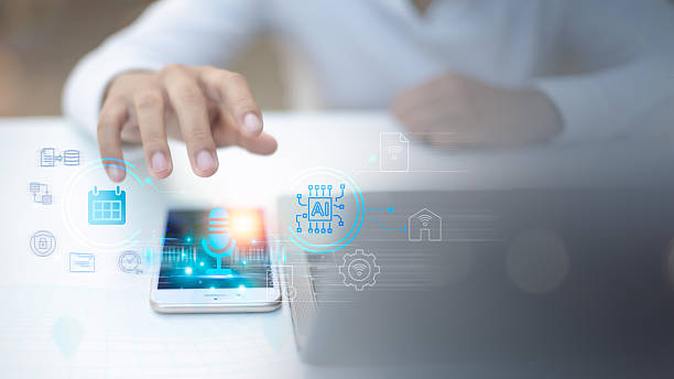 istock Hand interacting with smartphone voice control interface and AI icons, representing smart assistant features like calendar scheduling 2221409560