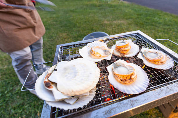 Outdoor BBQing scallops at camp close up.
