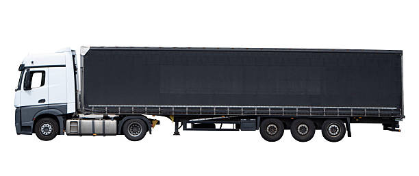Modern truck with trailer isolated on white background.