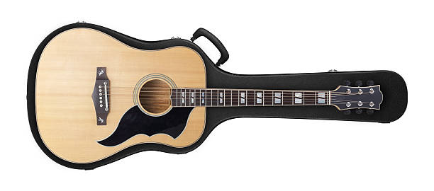istock Musical instrument - Front view Western acoustic guitar from above on a hard case 2221433500