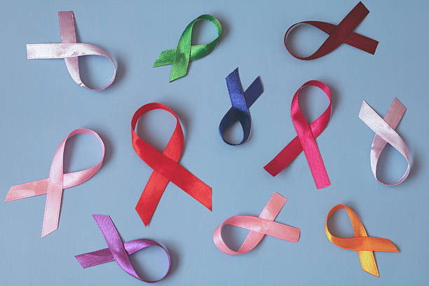 istock Colorful awareness ribbons representing different causes lying on blue background 2221436559
