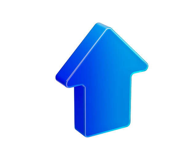 A glowing blue arrow pointing upward, symbolizing progress, direction and growth. 3D Illustration