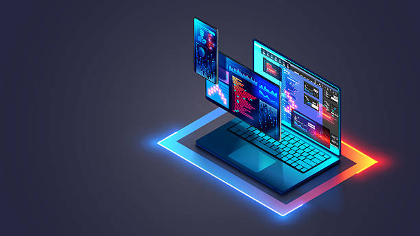 Software development. Web design. Coding, programming. Computer technology concept. Web development and coding. Cross platform software development of website. Adaptive layout internet page or web interface on screen laptop, tablet and phone. Isometric computer technology concept. OS Imaging and Deployment Software Market Innovations: Trends and Strategic Opportunities stock illustrations