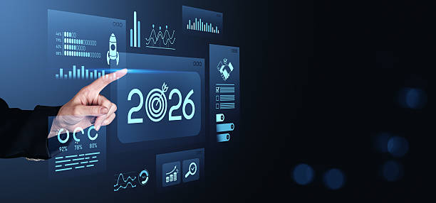 istock Futuristic digital interface with 2026 goal and data charts on dark background. 2221442994
