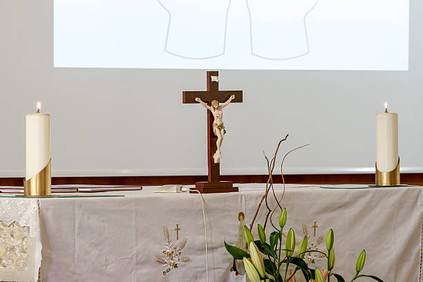 Wooden cross with Jesus. Decorated Church Altar