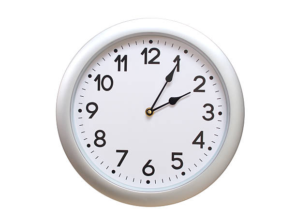 Round Silver Wall Clock Showing 02:05 or 14:05 Isolated-White. Useful for concepts like noon, midnight, deadline, countdown, or time management.
