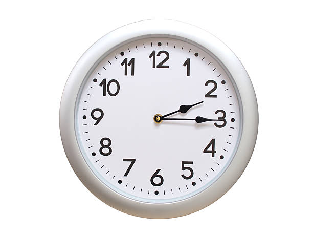 Round Silver Wall Clock Showing 02:15 or 14:15 Isolated-White. Useful for concepts like noon, midnight, deadline, countdown, or time management.
