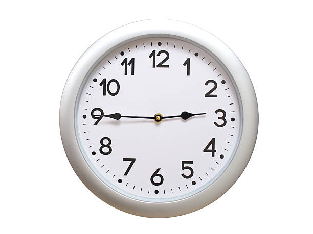 Round Silver Wall Clock Showing 02:45 or 14:45 Isolated-White. Useful for concepts like noon, midnight, deadline, countdown, or time management.