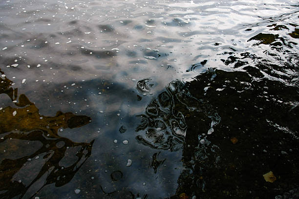 An abstract and textured close-up view of the surface of Lake Kivu, Rwanda. The image captures the interplay of light and shadow on the water, with subtle ripples creating interesting patterns and reflections of the surrounding environment. The dark, mysterious quality of the water contrasts with scattered white specks and areas of lighter reflection. This atmospheric shot evokes a sense of tranquility and natural beauty, showcasing the unique details of the lake's surface.