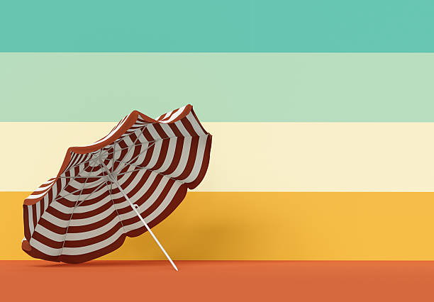 Summer vacation concept background. White red beach parasol on colorful wall background. 3D Rendering, 3D Illustration