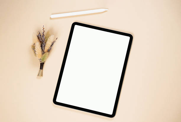 istock Modern tablet on neutral background with pencil and dried flowers showcasing minimalistic design for creative workspace 2221457744