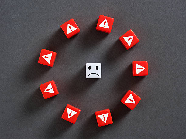 istock Sad face surrounded by red warning signs expressing problems and uncertainty 2221463938