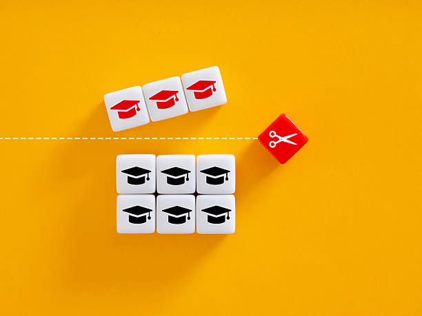 istock Scissors separating many graduation caps from few graduation caps symbolizing education cuts 2221464016