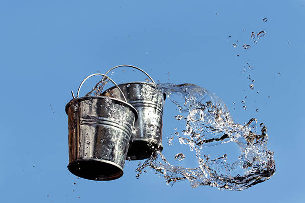 istock A falling buckets splashes water, on a background of blue sky. 2221464940