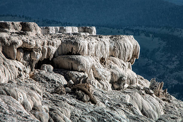 Mammoth Hot Springs, Yellowstone National Park, layers of calcium deposits bright sunshine on an early summer morning.