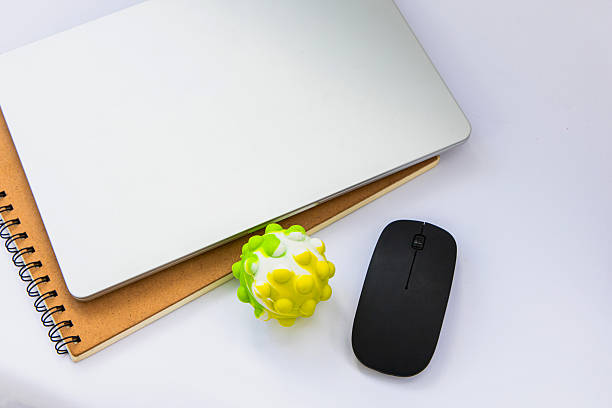 A laptop rests on a wooden notebook accompanied by a black mouse and a colorful virus model anti-stress at an organized desk.