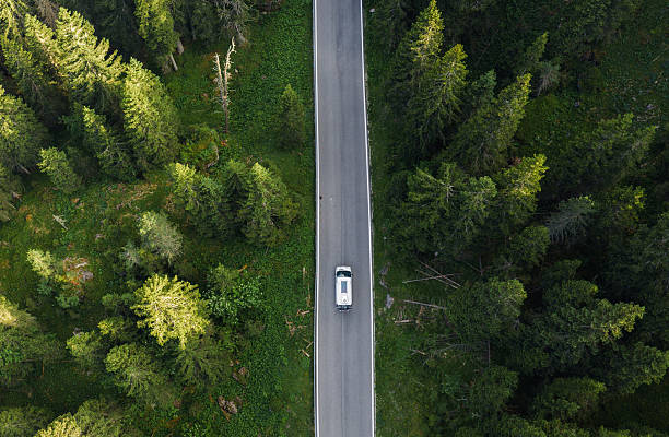 istock Scenic Camper Van Drive Through a Dense Forest With a Car Navigating a Winding Road 2221473283