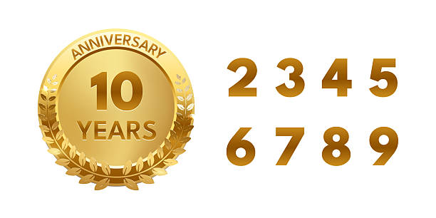 istock Golden anniversary medal with laurel wreath and 10 Years text. Includes bold gold numbers 2 to 9 for customizing milestone years. Celebration badge. Abstract vector illustration 2221490919