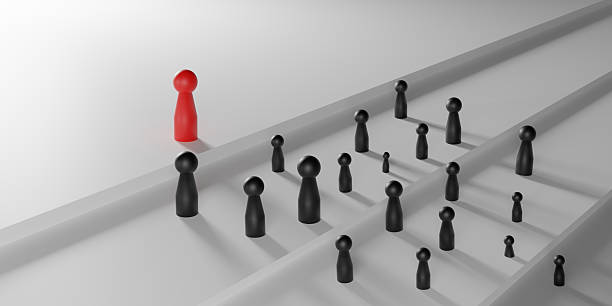 istock 3D render highlights contrast and hierarchy for strong visual impact and conceptual clarity. Red doll stands out among white doll on black stairs, symbolizing leadership, individuality, and success. 2221490980