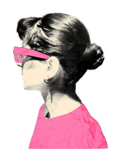 Trendy halftone art collage cut out element. Woman in profile view, wearing pink glasses and shirt paper clipping. Sticker with vintage dotted texture. Modern retro mixed media vector illustration