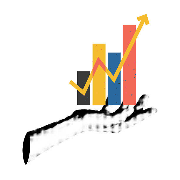 Trendy collage element of business gesture. Halftone hand holding raising arrow chart isolated on transparent background. Modern retro vector illustration for mixed media design