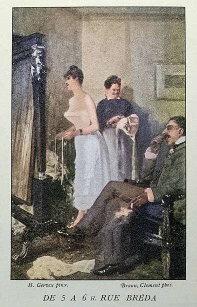 istock Beautiful young woman standing in front of mirror getting dressed, De 5 A 6 H Rue Breda, after Henri Gervex, Victorian, Vintage illustration 2221519466