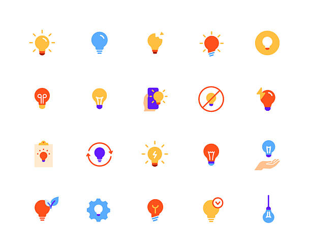 illustrations, cliparts, dessins animés et icônes de ensemble d’icônes d’ampoules. des signes colorés d’idée, de perspicacité, de brainstorming, d’énergie verte, d’éclairage et d’électricité. éléments de conception pour l’application. collection d’illustrations vectorielles plates - équipement déclairage