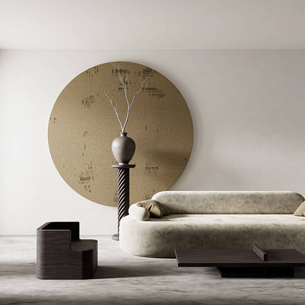 istock Elegant living room with sculptural decor and soft light. 3D illustration 2221521052