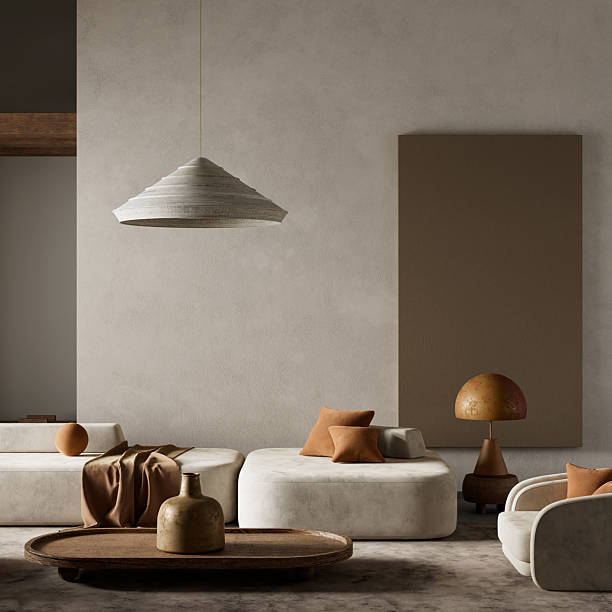 istock Modern minimalist living room with earthy elegance. 3D illustration 2221521055